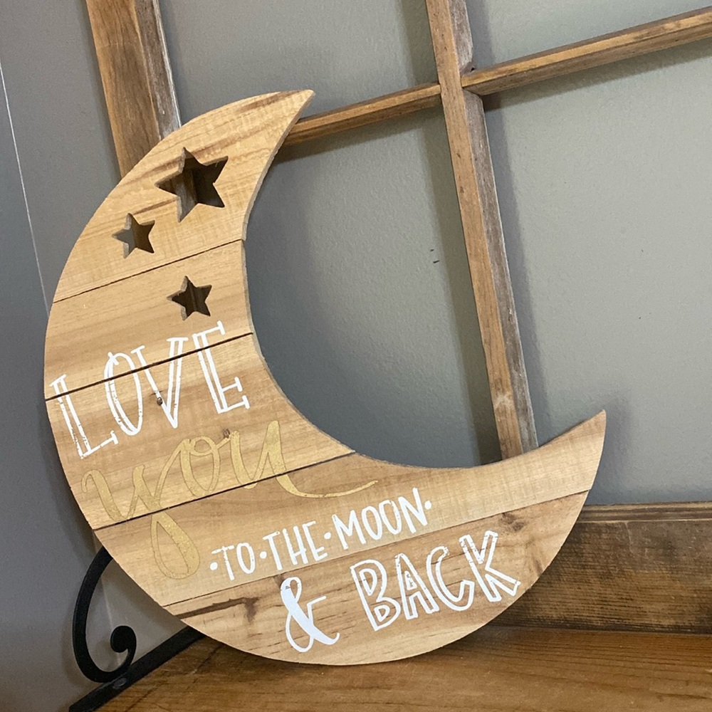Love you to the moon and back wooden crescent moon decor sign